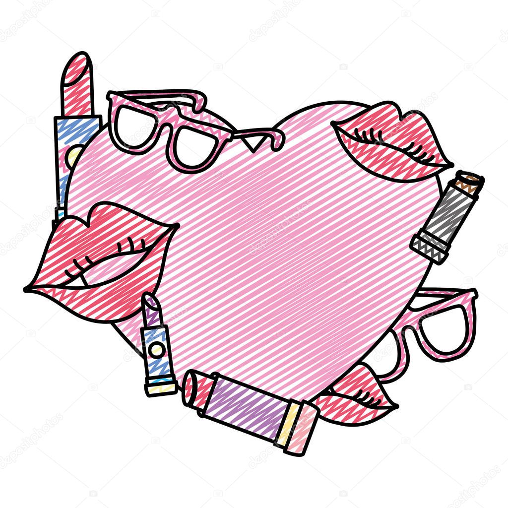 doodle emblem with lipstick makeup and glasses decoration vector illustration
