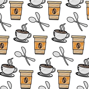 sıcak kahve bardak çatal bıçak takımı arka plan vektör çizim ile doodle