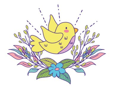 kuş bahar çiçekleri ve dalları ile bitkiler vektör çizim bırakır.