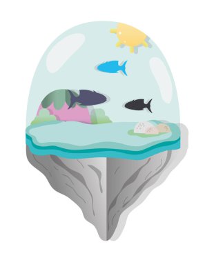 Kağıt sanat sevimli flotating kova ile balıklar ve deniz yosunu vektör çizim grafik tasarım