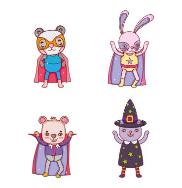 Hayvan halloween kostüm çizgi film koleksiyonu vektör çizim grafik tasarım kümesi