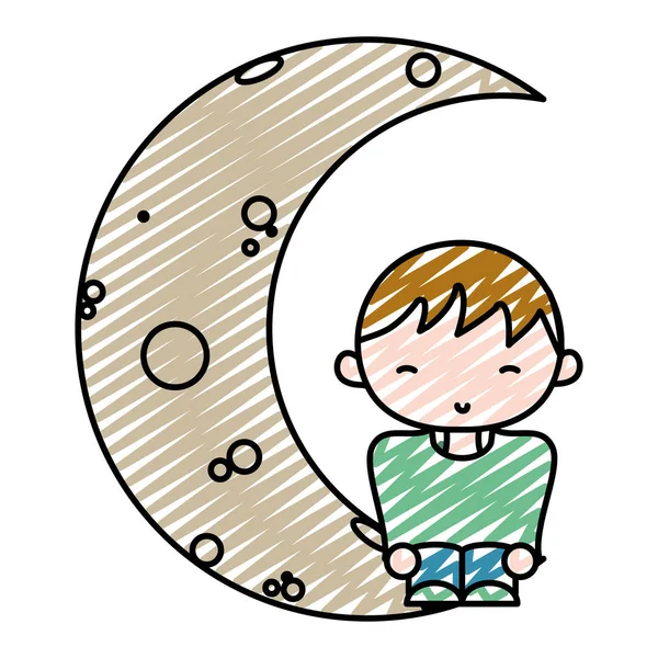 Doodle Boy Casual Clothes Seating Moon Vector Illustration — Stock Vector