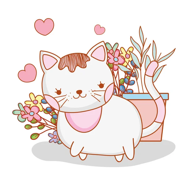 植物と花のかわいい猫の葉ベクター イラスト — ストックベクタ