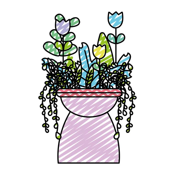 Doodle Belas Flores Com Folhas Ramos Dentro Plantpot Vetor Ilustração —  Vetores de Stock