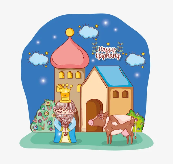 Rey Con Corona Con Vaca Casa Con Ilustración Vectores Estrellas — Vector de stock