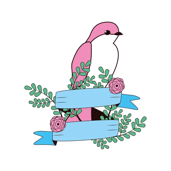 Vogel Tier Mit Blumen Blätter Zweige Und Schleife Vektor Illustration — Stockvektor