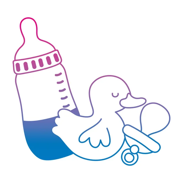 Degraded Line Bottle Feeding Pacifier Rubber Duck Vector Illustration — Stock Vector