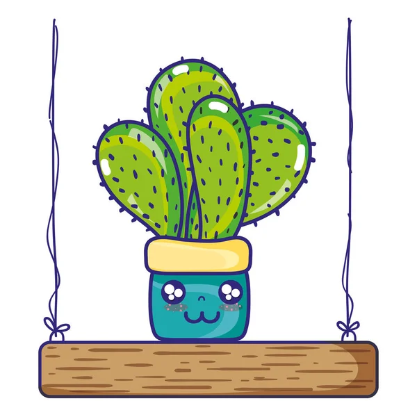 Kawaii Planta Cactus Feliz Los Columpios Vector Ilustración — Vector de stock