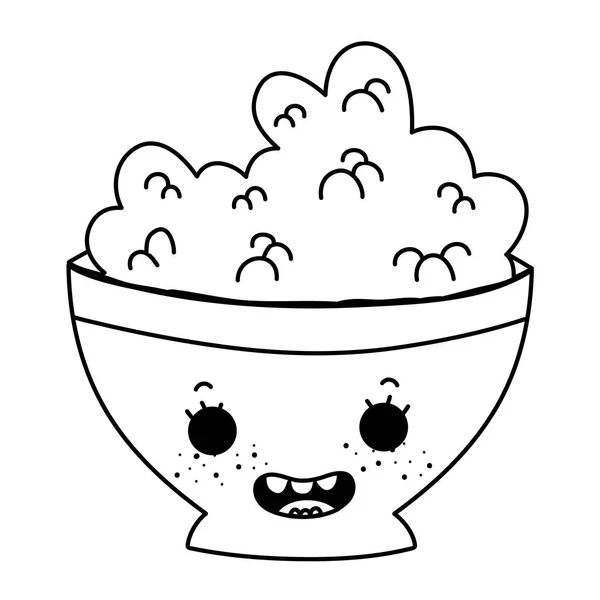 Line Kawaii Happy Bowl Mit Müsli Frühstücksvektor Illustration — Stockvektor