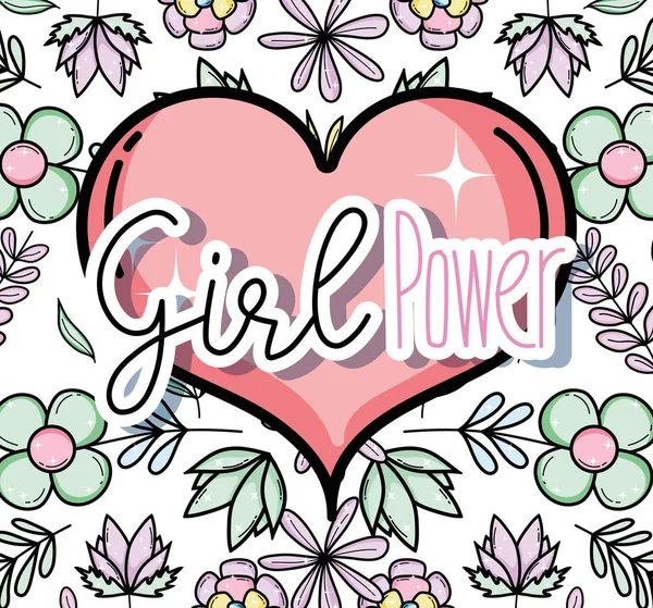 Chica Poder Corazón Flores Vector Fondo Ilustración Diseño Gráfico — Archivo Imágenes Vectoriales