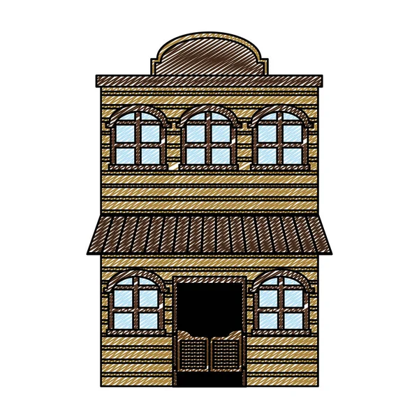 Doodle Hölzerne Wohnung Mit Fenstern Und Zwei Etagen Vektor Illustration — Stockvektor