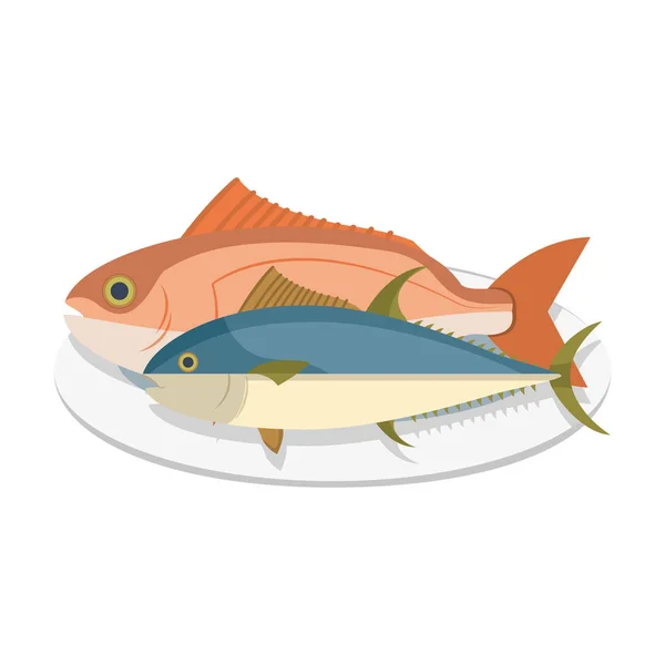 Duuuużo Ryby Owoce Morza Płyta Ilustracji Wektorowych — Wektor stockowy