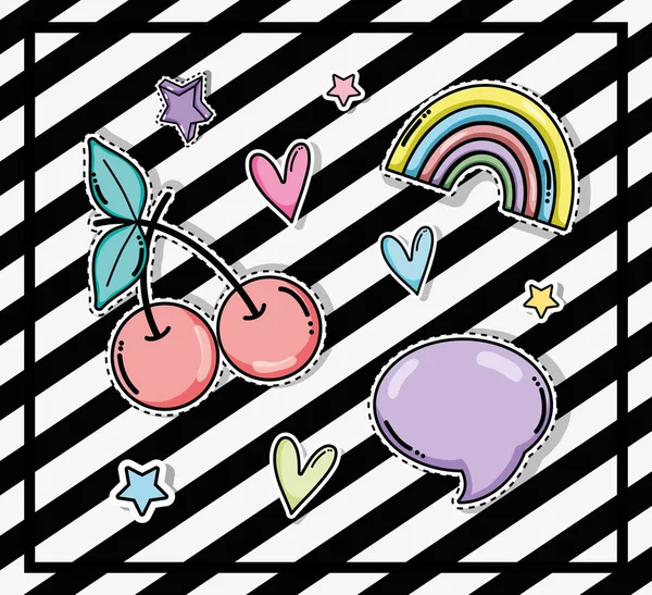 Cute Cherries Chat Bubble Rainbow Striped Background Vector Illustration Graphic — Stock Vector