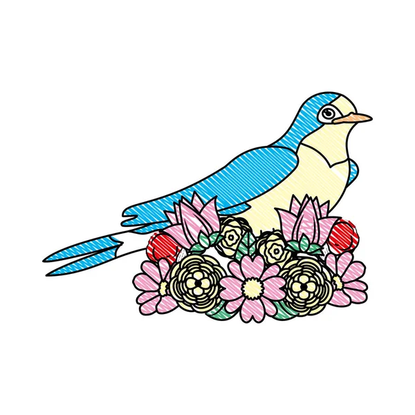 Corat Coret Hewan Burung Dengan Bunga Dengan Kelopak Vektor Ilustrasi - Stok Vektor