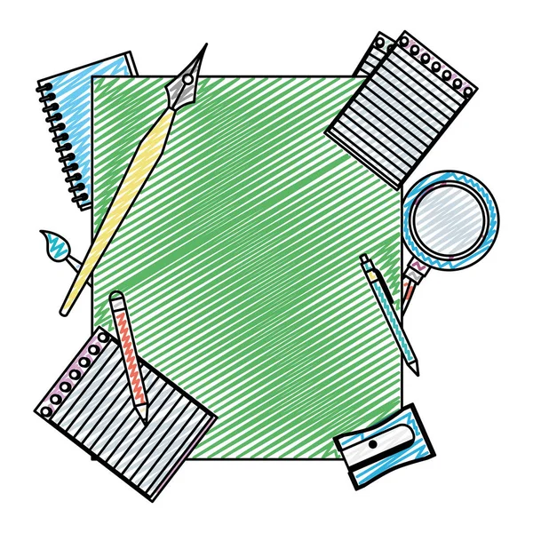 Doodle Emblema Com Escola Utensílios Criativos Estilo Vetor Ilustração — Vetor de Stock