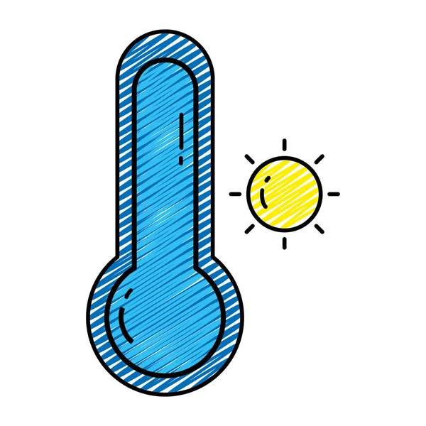 Doodle Sonne Mit Thermometer Und Heißem Wetter Symbolvektorillustration — Stockvektor