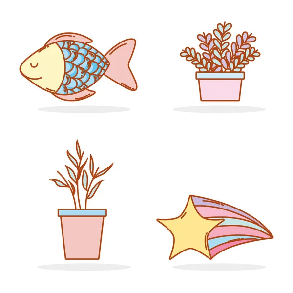 Set Natural Plants Tropical Fish Shooting Star Vector Illusration — Stock Vector