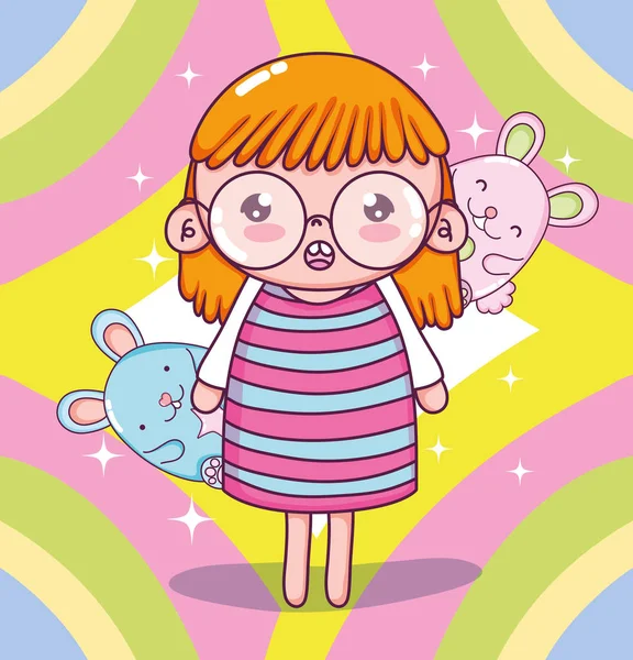 Beautiful girl with hamsters around cartoons vector illustration graphic design