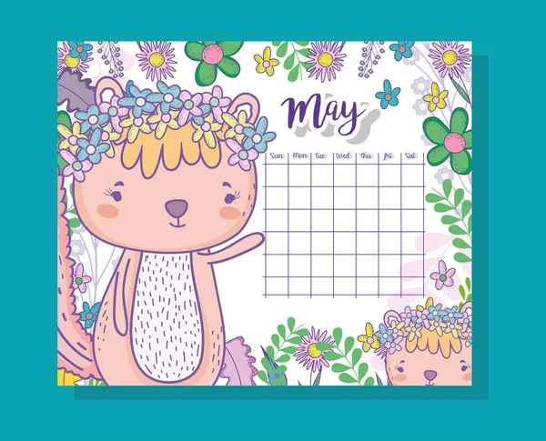 Puede Calendario Información Con Ardilla Plantas Vector Ilustración — Vector de stock