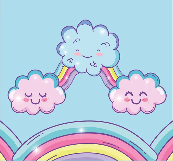 Arco Iris Lindo Con Kawaii Nubes Esponjosas Vector Ilustración — Archivo Imágenes Vectoriales