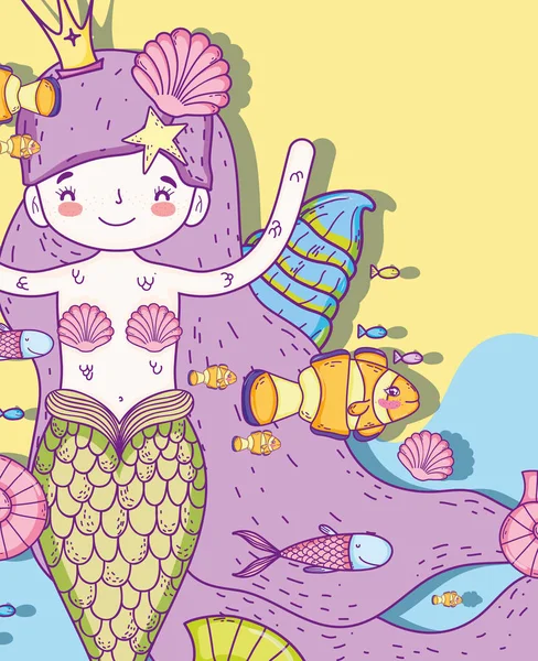 Sereia Mulher Com Conchas Peixes Ilustração Vetor Subaquático —  Vetores de Stock