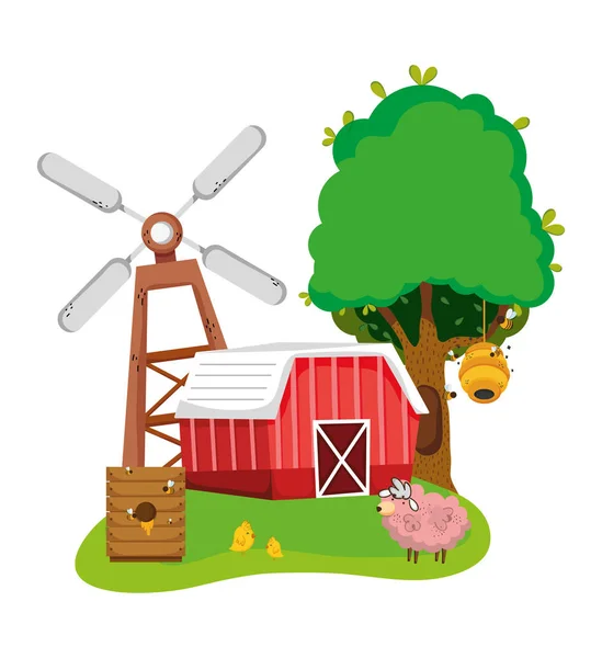 Beautiful farm cartoons with house windmill and pig vector illustration graphic design