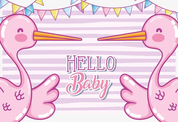 Olá Bebê Chuveiro Cartão Com Cegonhas Vetor Ilustração Design Gráfico —  Vetores de Stock