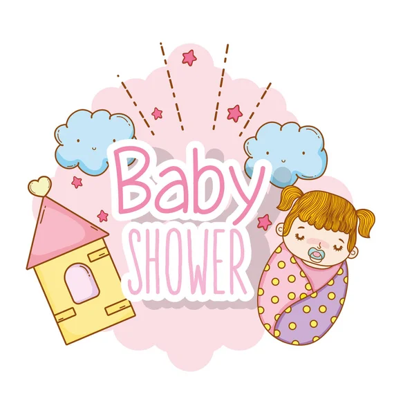 Bébé Fille Douche Nuages Étoiles Décoration Vectoriel Illustration — Image vectorielle