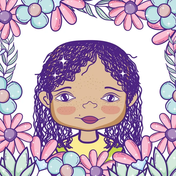 Desenhos Animados Menina Bonito Torno Flores Quadro Vetor Ilustração Design —  Vetores de Stock