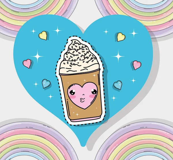 Kawaii Süße Eis Aufkleber Mit Herzen Vektor Illustration — Stockvektor