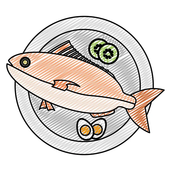 Garabato Alimento Pescado Con Huevos Verduras Ilustración Vector Plato — Vector de stock