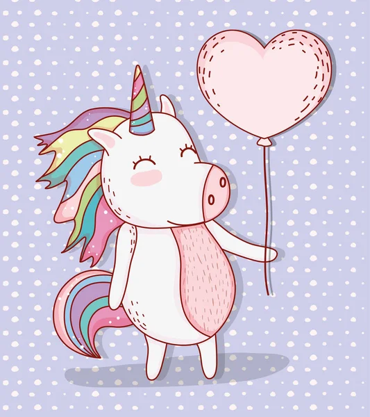 cute unicorn animal with heart balloon vector illustration