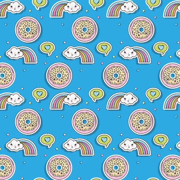 Kawaii Donuts Clouds Rainbows Sticker Background Vector Illustration — Stock Vector