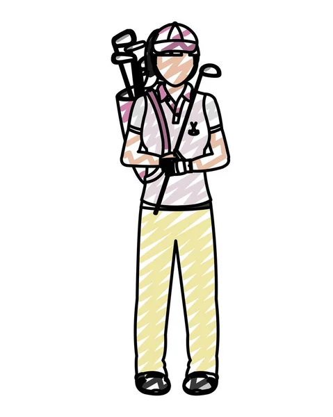 Doodle Mujer Golfista Con Murciélagos Dentro Bolsa Uniforme Vector Ilustración — Vector de stock