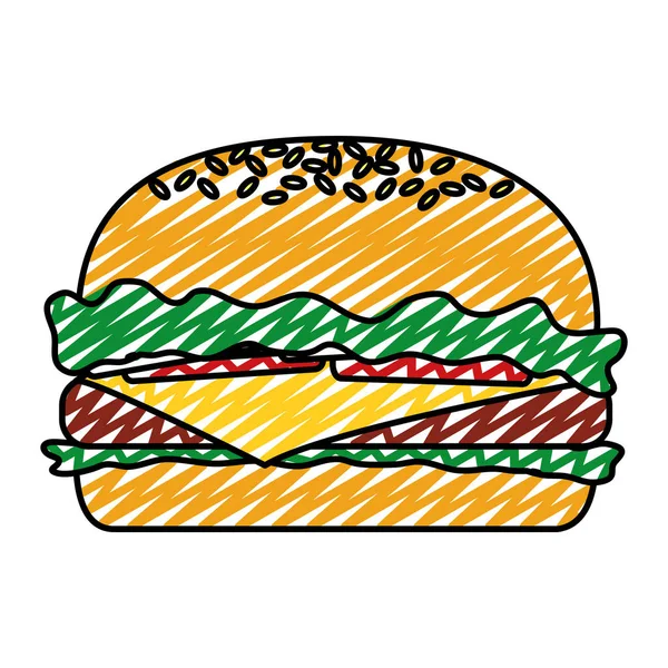 Doodle Finom Egészségtelen Hamburger Gyorsétterem Snack Vektoros Illusztráció — Stock Vector