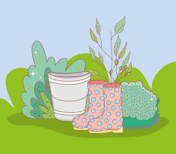 Laisse Plante Intérieur Des Bottes Avec Des Buissons Peut Illustration — Image vectorielle