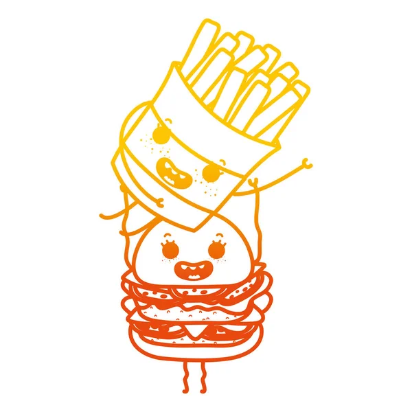 Деградированная Линия Kawaii Счастливый Картофель Фри Гамбургер Векторной Иллюстрацией — стоковый вектор