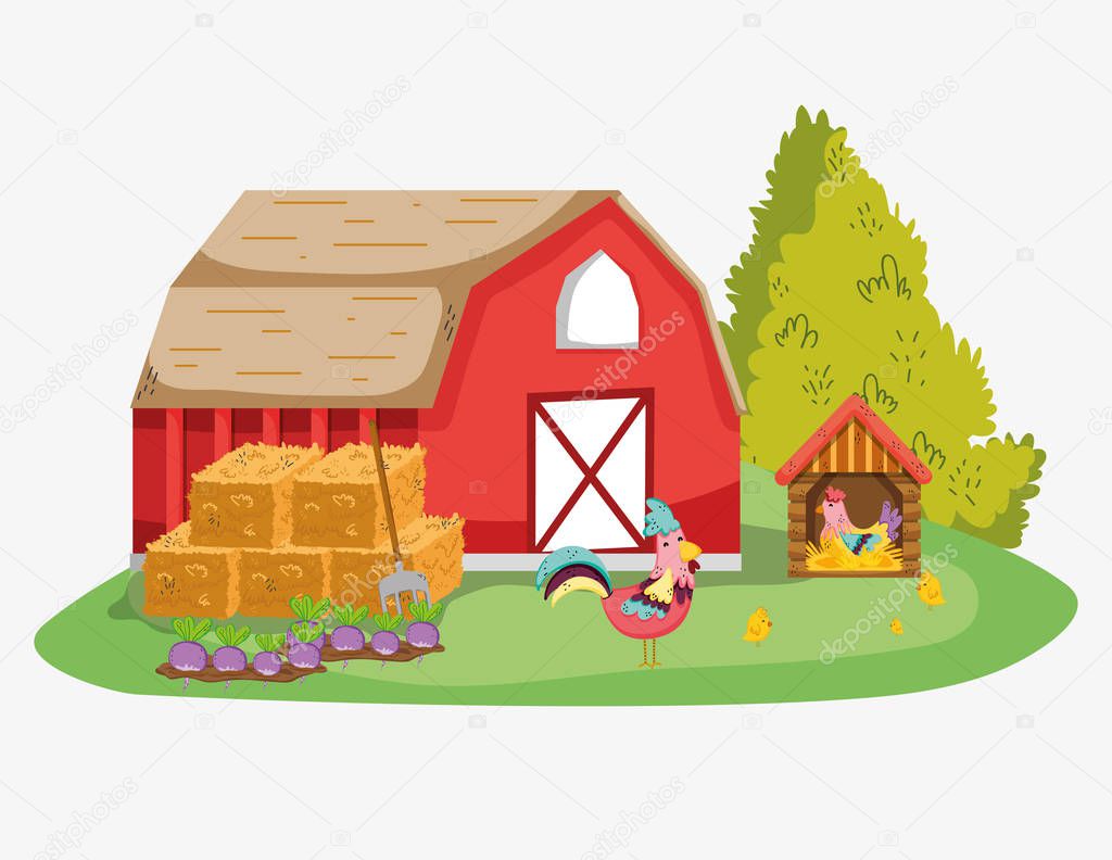 Cute farm house with cartoon scenery vector illustration graphic design