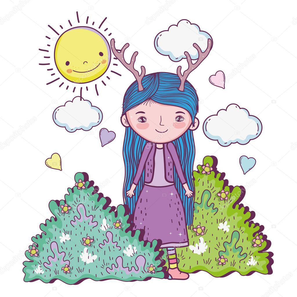 girl fantastic creature with bushes and sun vector illustration