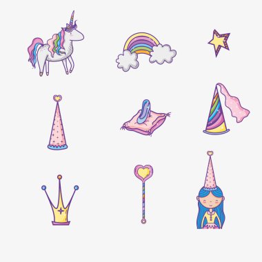 Sihirli dünya öğeleri simge vektör çizim grafik tasarım Pastel renkler, büyülü ve güzellik tarzı