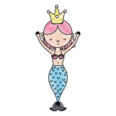 Doodle mutlu kadın siren taç ve eller yukarı vektör çizim ile