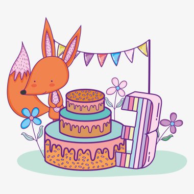 mutlu fox Doğum günü pasta vektör çizim ile üç yıl