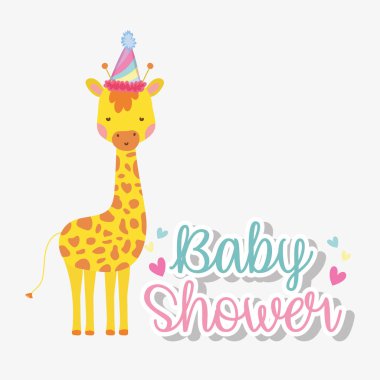 Bebek duş vektör çizim kutlamak için parti şapkası giyen zürafa