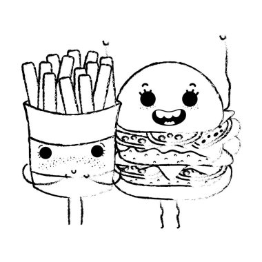 Grunge kawaii utangaç patates kızartması ve mutlu hamburger vektör çizim