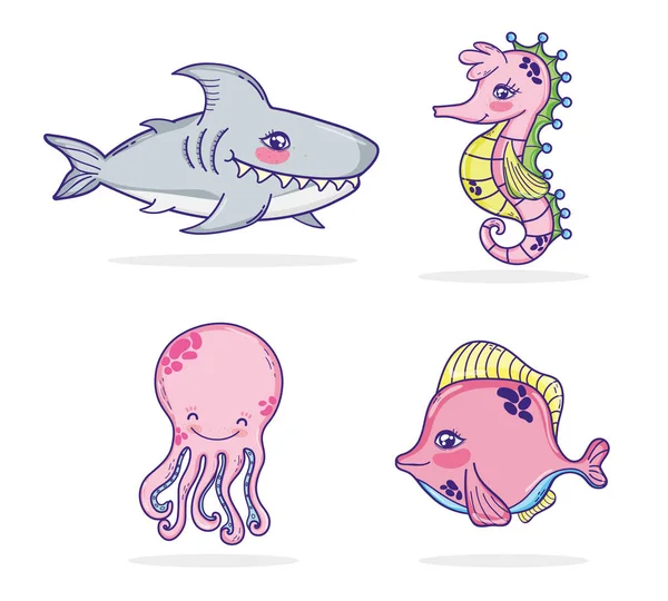 Sada Moře Zvířata Kreslené Kolekce Vektorové Ilustrace Grafický Design — Stockový vektor