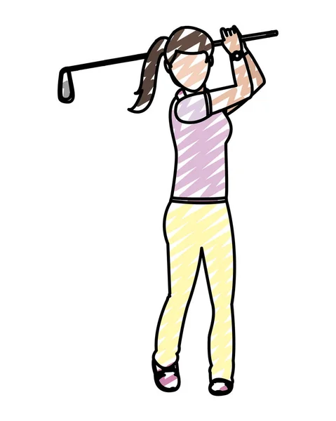 Doodle Vrouw Golfer Met Uniform Golf Vleermuis Vectorillustratie — Stockvector