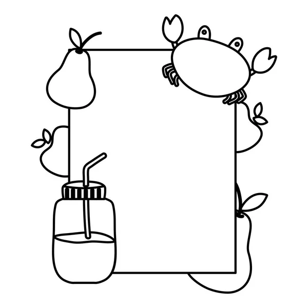Emblema Línea Con Cangrejo Frutas Tropicales Smoothie Vector Ilustración — Vector de stock