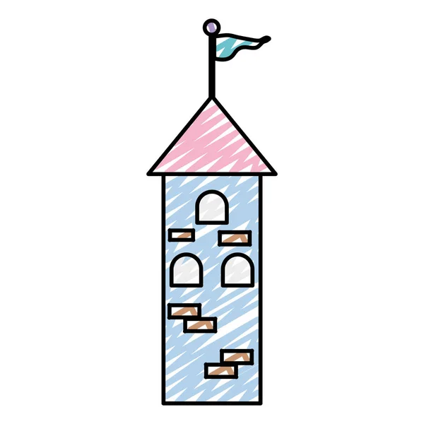 Doodle Edificio Torre Medieval Con Bandera Ventanas Vector Ilustración — Vector de stock