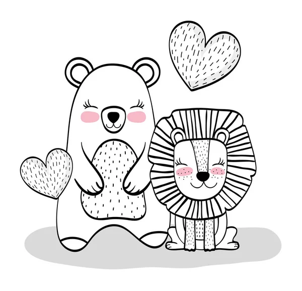 happy bear and lion animals with hearts vector illustration