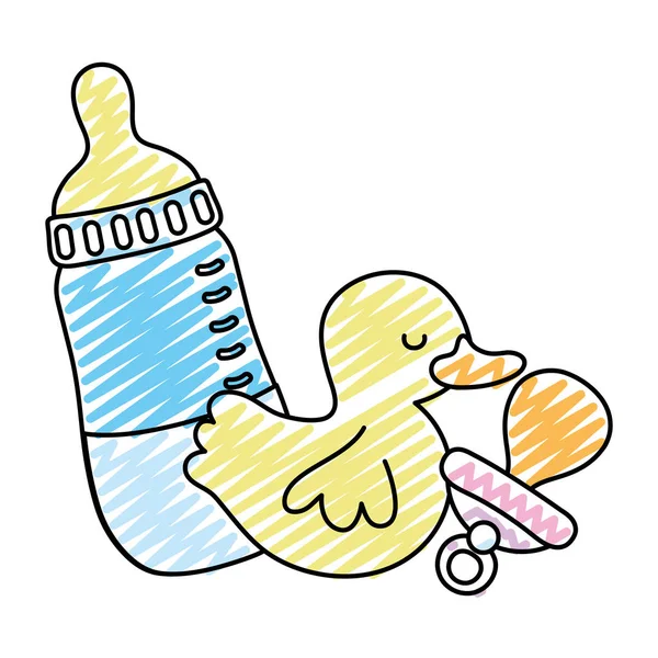 Doodle Bottle Feeding Pacifier Rubber Duck Vector Illustration — Stock Vector
